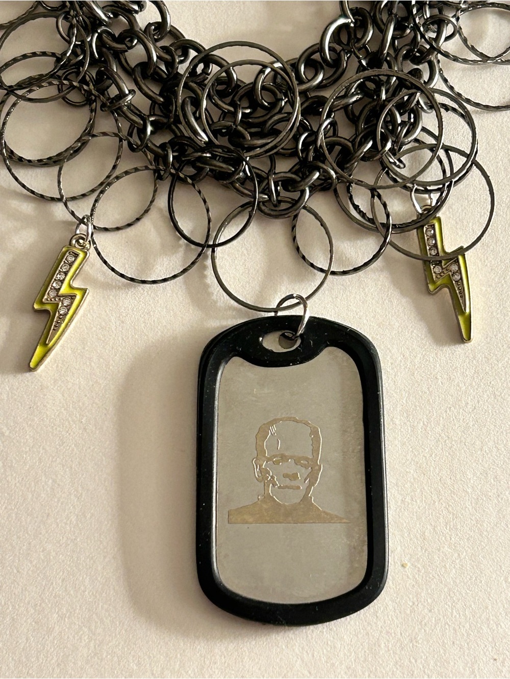 Necklace Frankenstein portrait DogTag, Crystal Enamel lightning bolts Chain Mail
